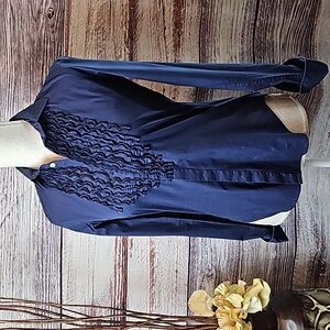 NEW RALPH LAUREN SPORT NAVY BLUE RUFFLE FRONT BUTTON-UP BLOUSE